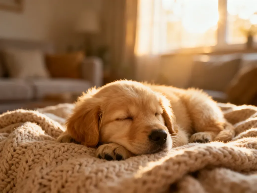 Śpiący szczeniak golden retrievera na miękkim beżowym kocu, budujący atmosferę spokoju i ciepła.