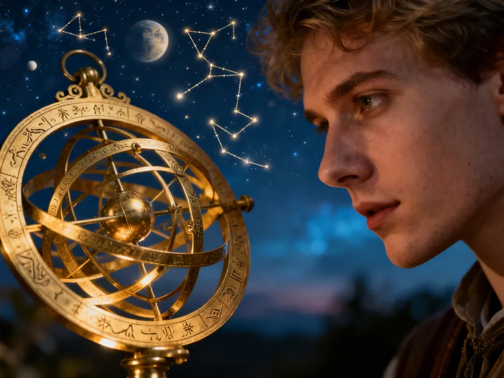 Osoba przyglądająca się złotemu astrolabium na tle rozgwieżdżonego nieba, nawiązująca do tematyki astrologii.