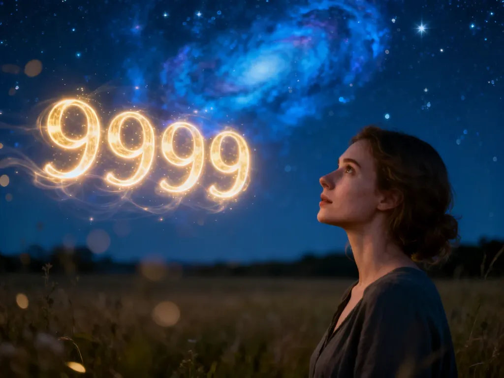 Kobieta wpatrzona w rozgwieżdżone niebo, przed którą unoszą się świetliste cyfry 9999, symbolizujące duchowe znaczenie liczby.
