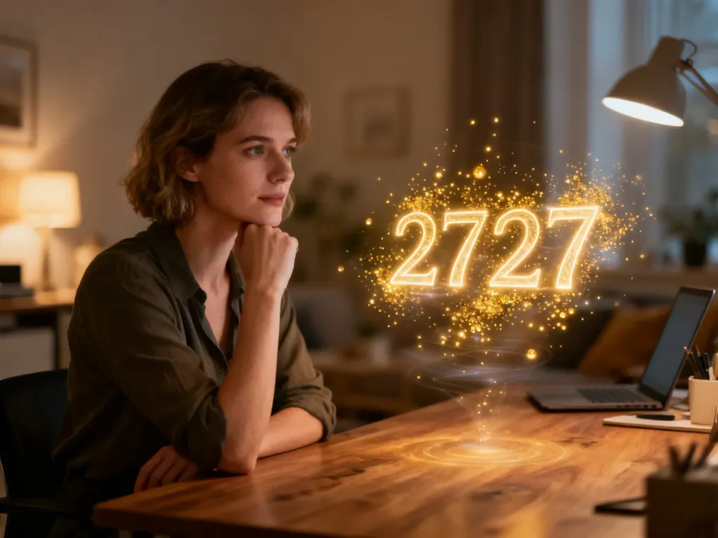 Kobieta przy biurku zamyślona nad świetlistą liczbą 2727, symbolizującą duchowe przesłanie w numerologii.