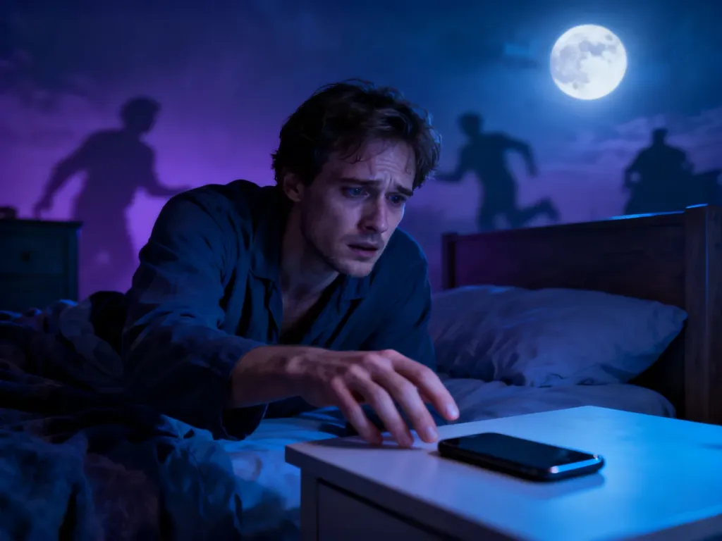 Zaniepokojony mężczyzna w sypialni sięga po telefon, którego nie ma na szafce nocnej, co symbolizuje lęk przed stratą.