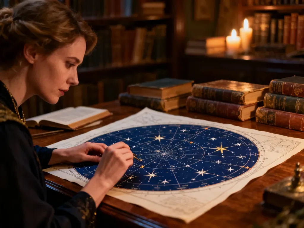 Profesjonalna astrolog przy biurku analizuje szczegółową mapę nieba w przytulnym gabinecie z książkami.